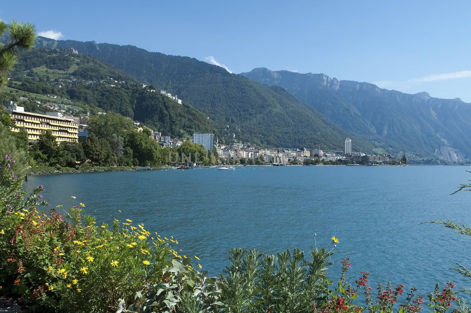 view of the lake and mountains, near the town of Montreux