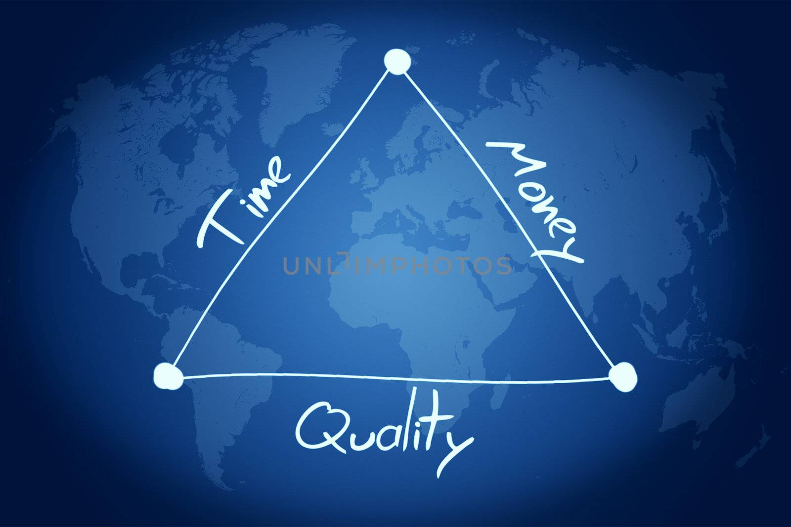 handwritten diagram concept of time, quality and money on blue world map