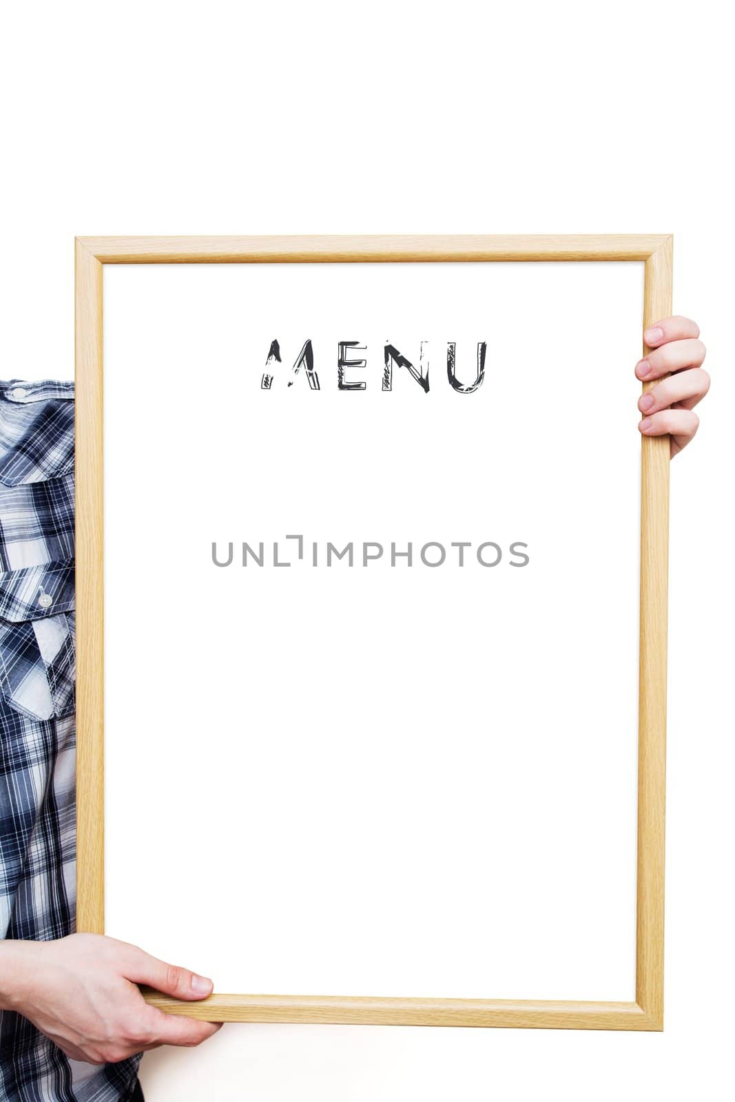 Man holding a blank white board, showing an empty menu 