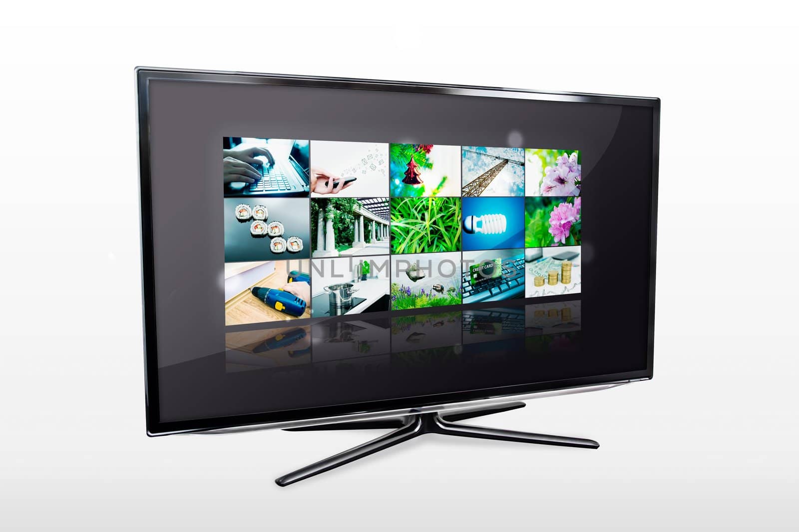 Glossy widescreen high definition tv screen with video gallery. TV and internet concept.