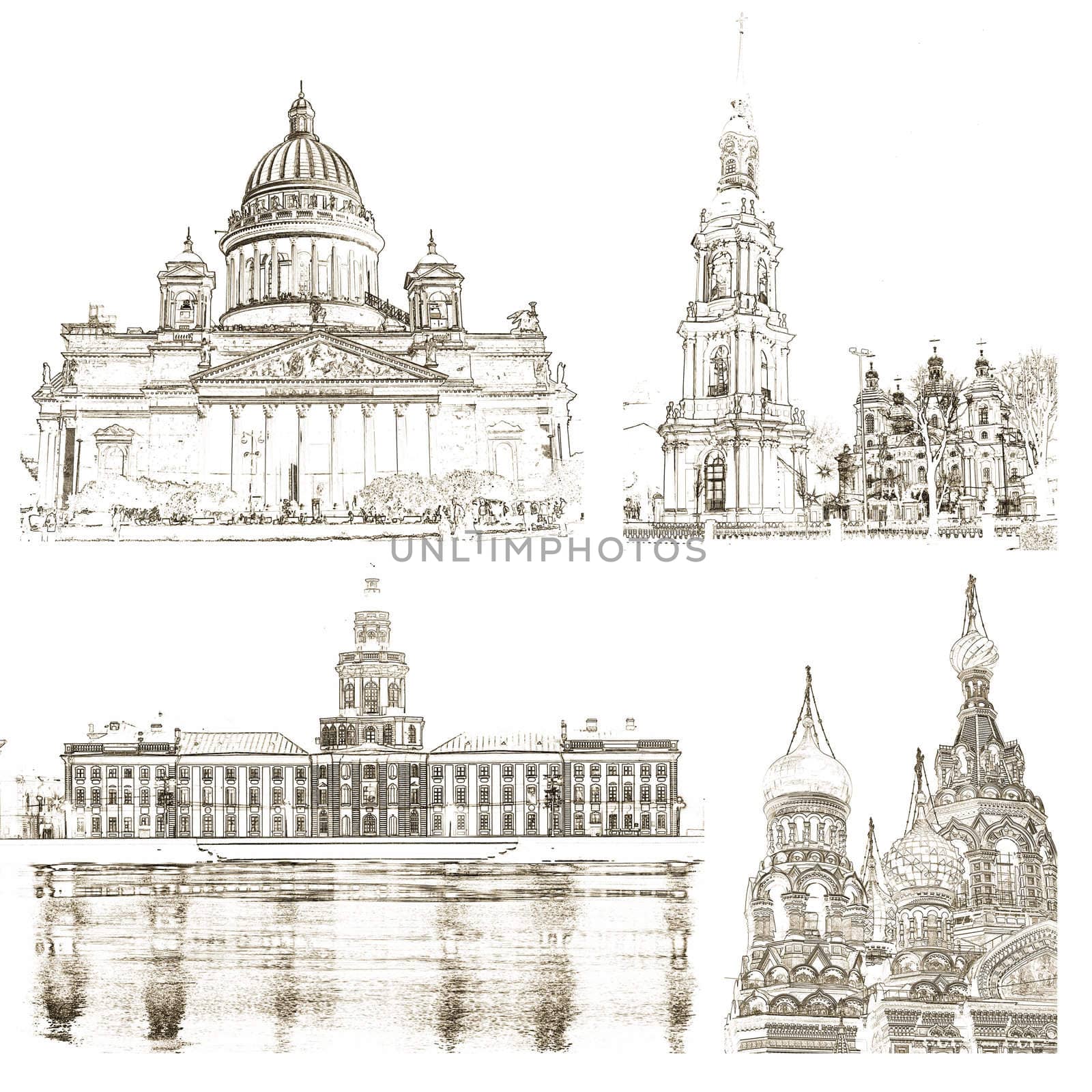 Architectural symbols of St. Petersburg, Russia: St. Isaac's Cathedral, St. Nicholas cathedral, Kunstkamera museum and Temple of the Resurrection of Christ (spas na krovi)