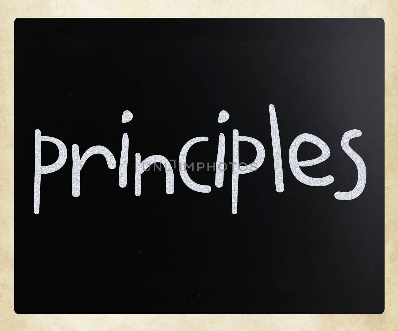 "Principles" handwritten with white chalk on a blackboard