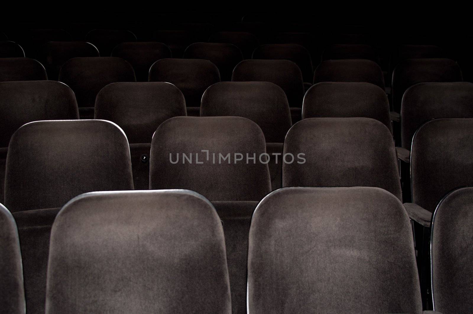 Empty chairs at cinema or theater. Gray toned