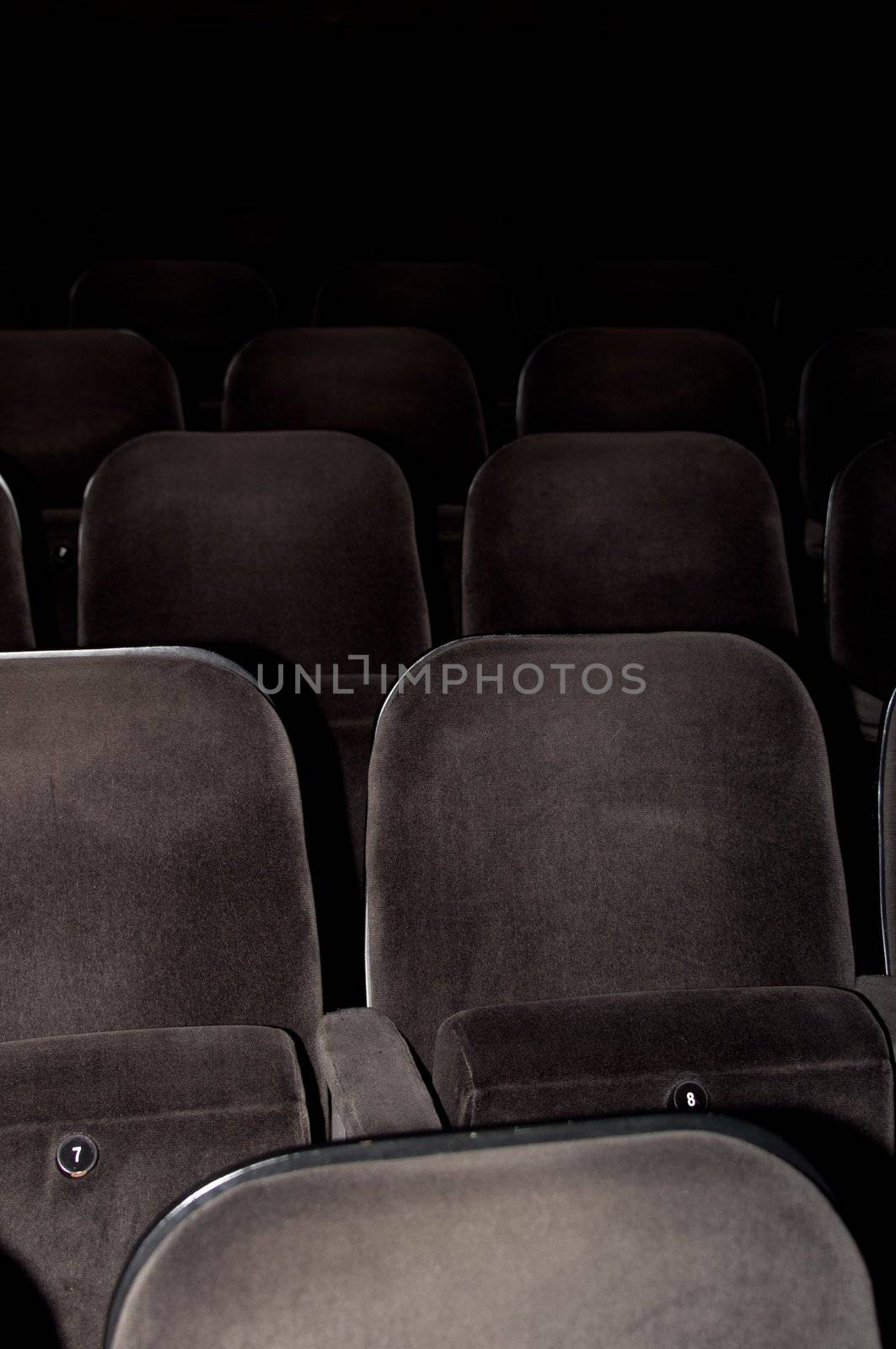 Empty chairs at cinema or theater. Gray toned