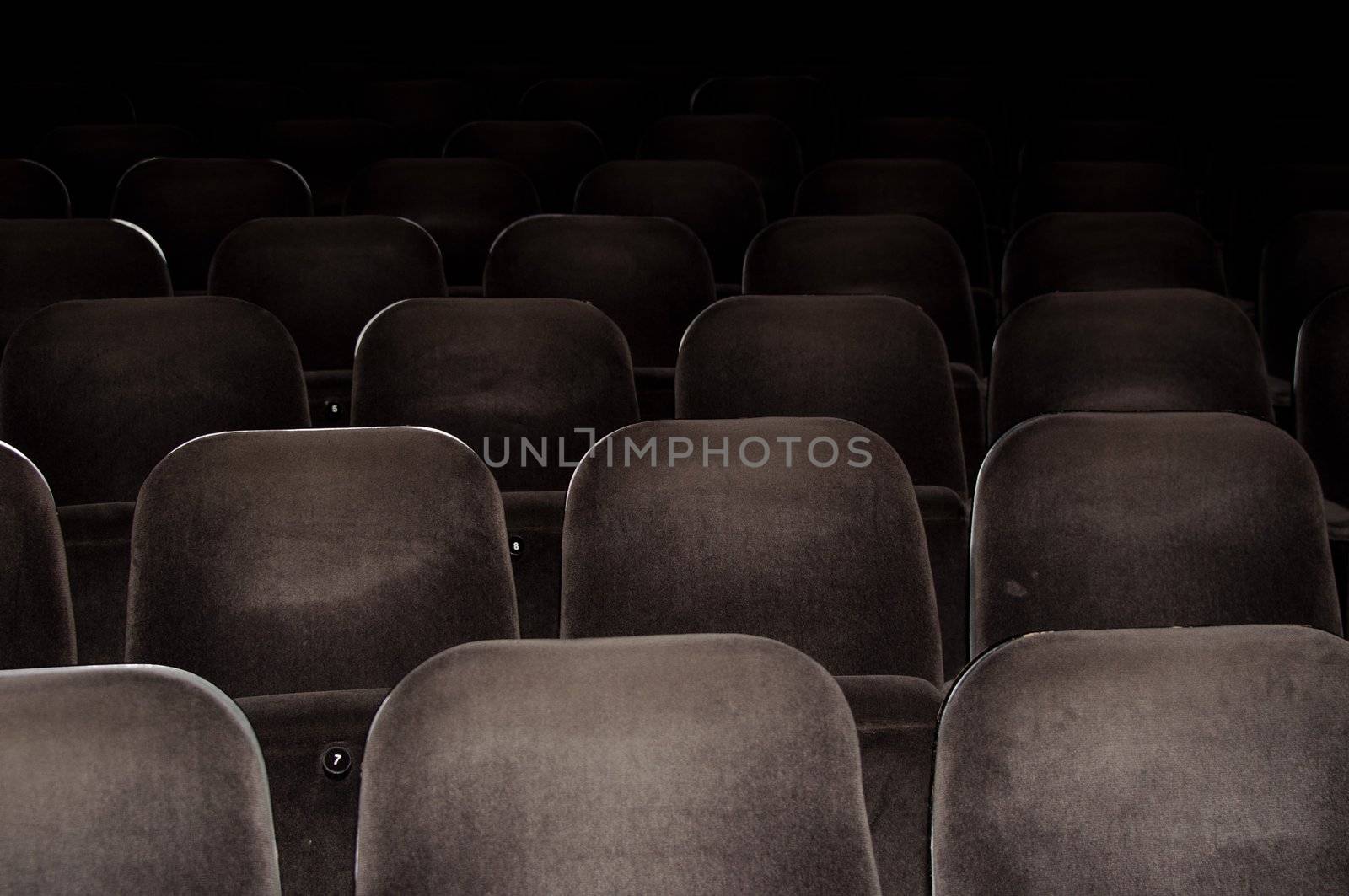 Empty chairs at cinema or theater. Gray toned