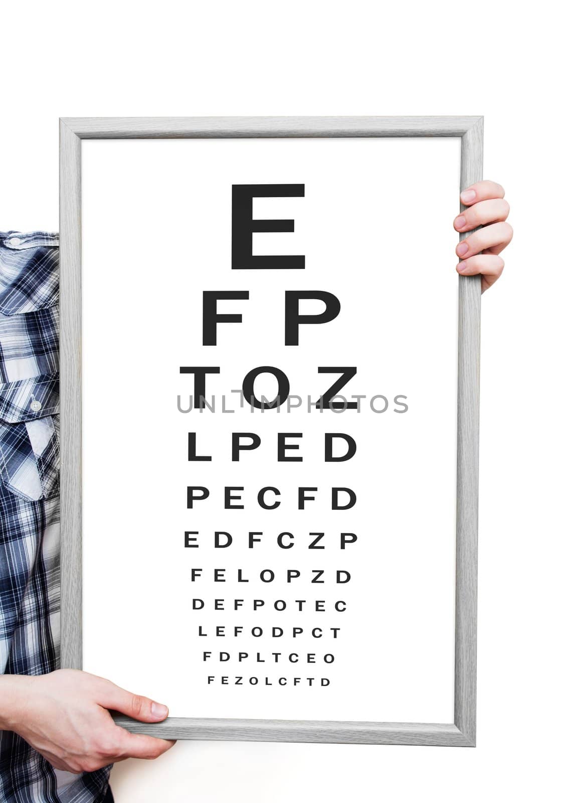 Man showing Snellen eye exam chart on white background
