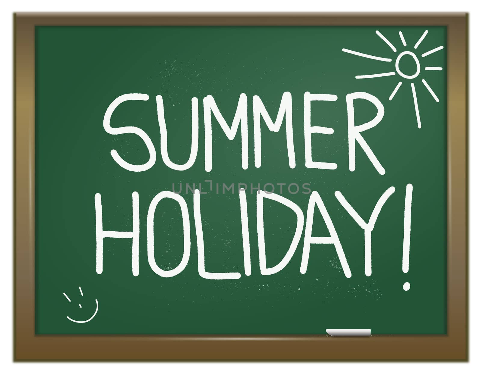 Illustration depicting a green chalk board with the words 'summer holiday' written on it in white chalk.