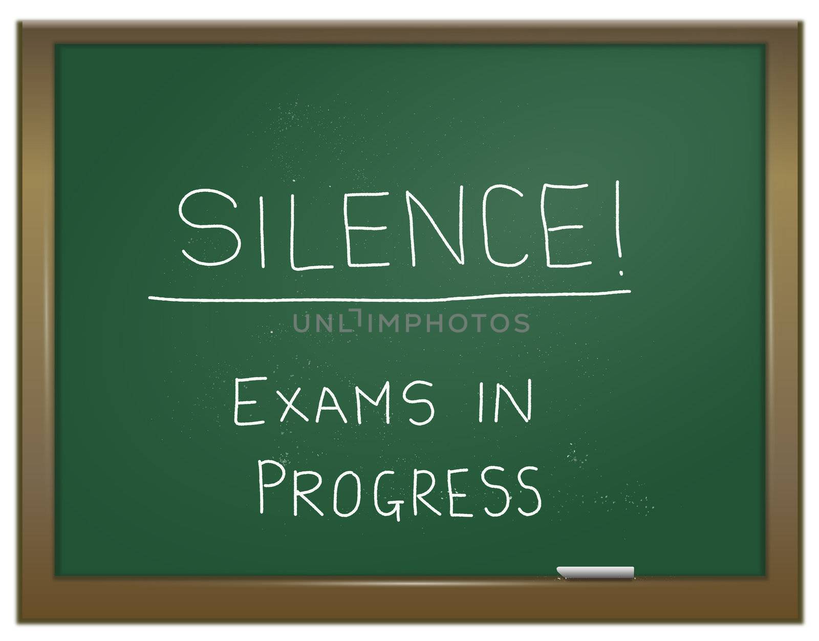 Illustration depicting a green chalk board with the words 'silence exam in progress' written on it in white chalk.