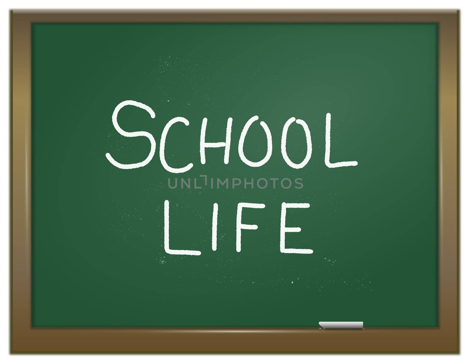 Illustration depicting a green chalk board with the words 'school life' written on it in white chalk.