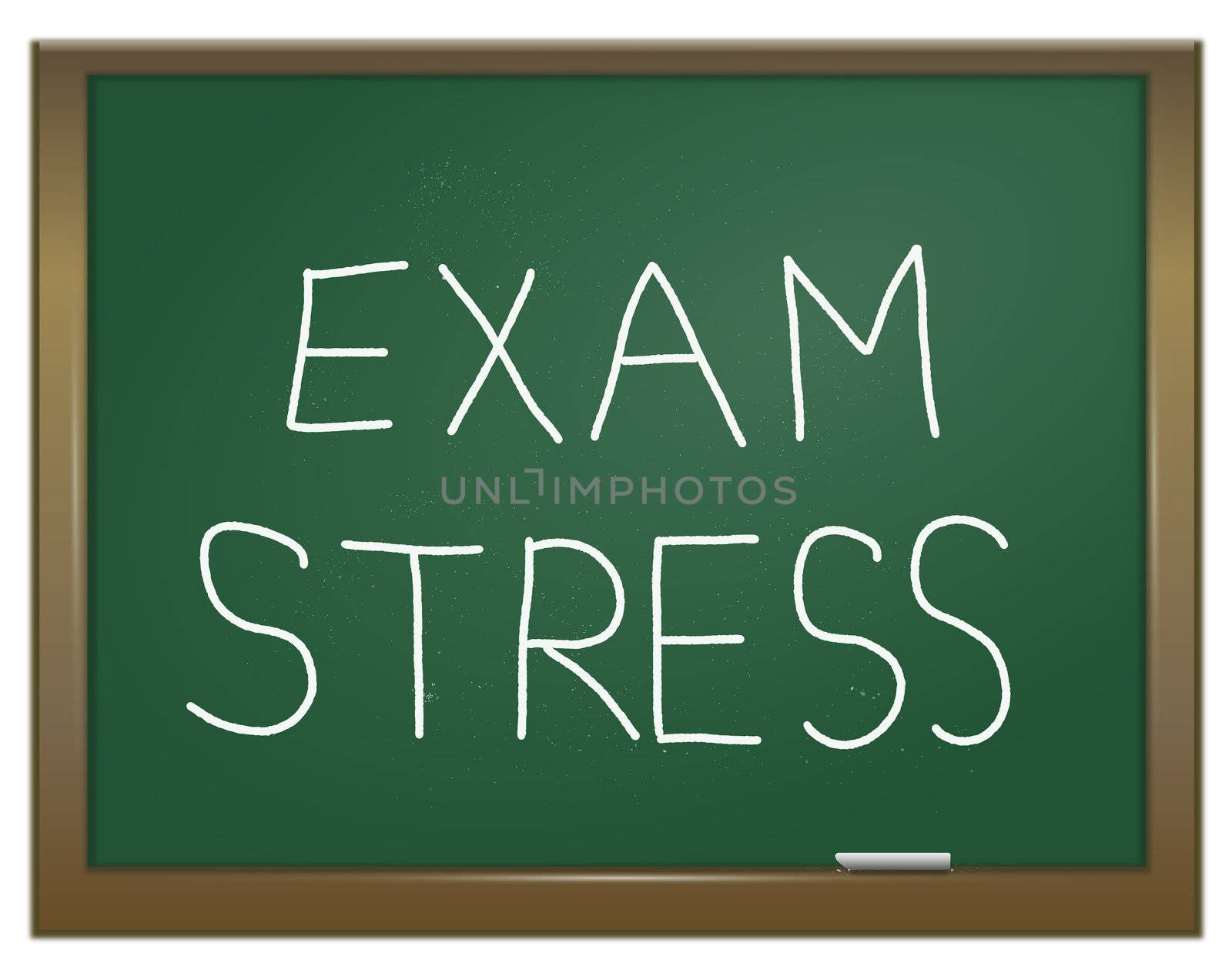 Illustration depicting a green chalk board with the words 'exam stress' written on it in white chalk.