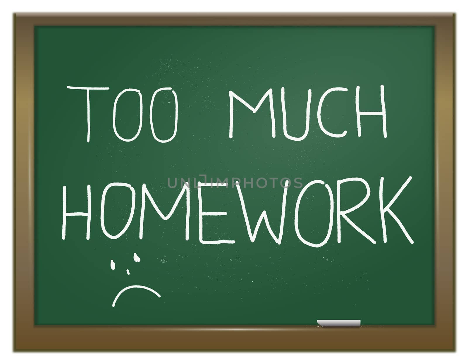 Illustration depicting a green chalk board with the words 'too much homework' written on it in white chalk.