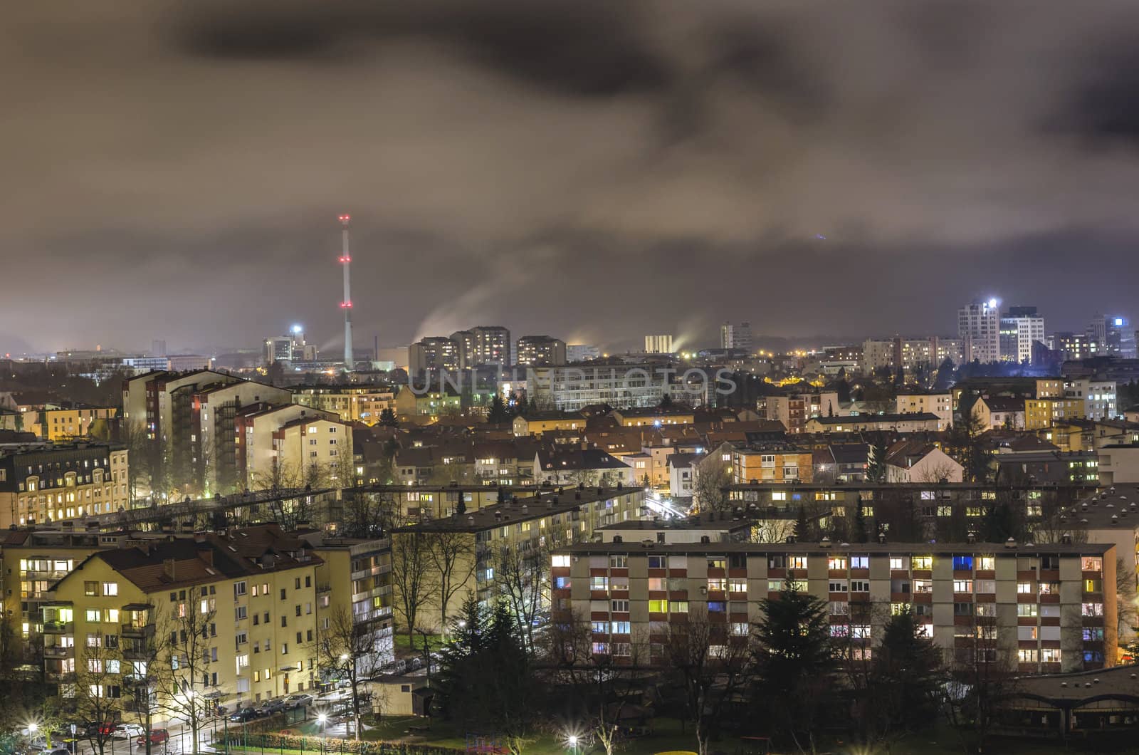 Aerial view of Bezigrad neighbourhood night cityscape, Ljubljana, Slovenia.