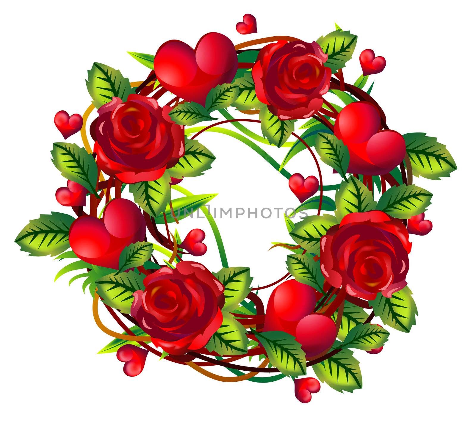 wreath of red roses with green leaves and hearts