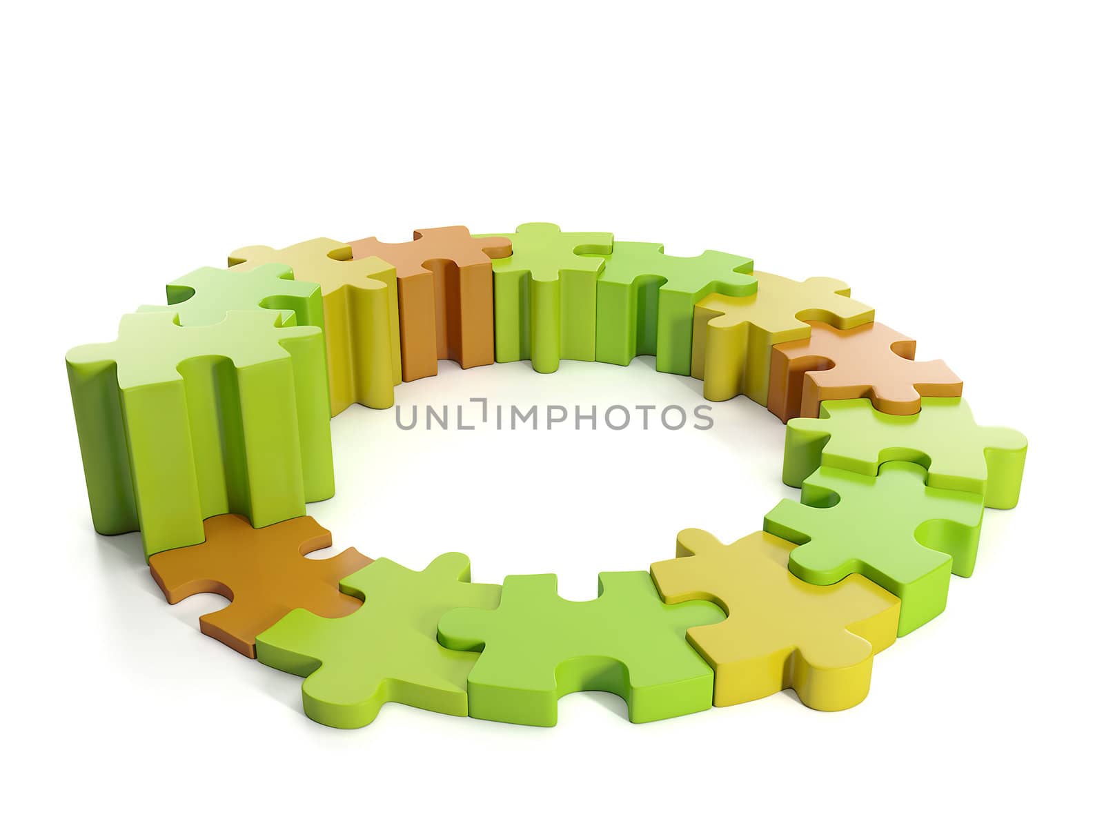 3d Illustration: Business ideas. Group puzzles in a circle, care by kolobsek