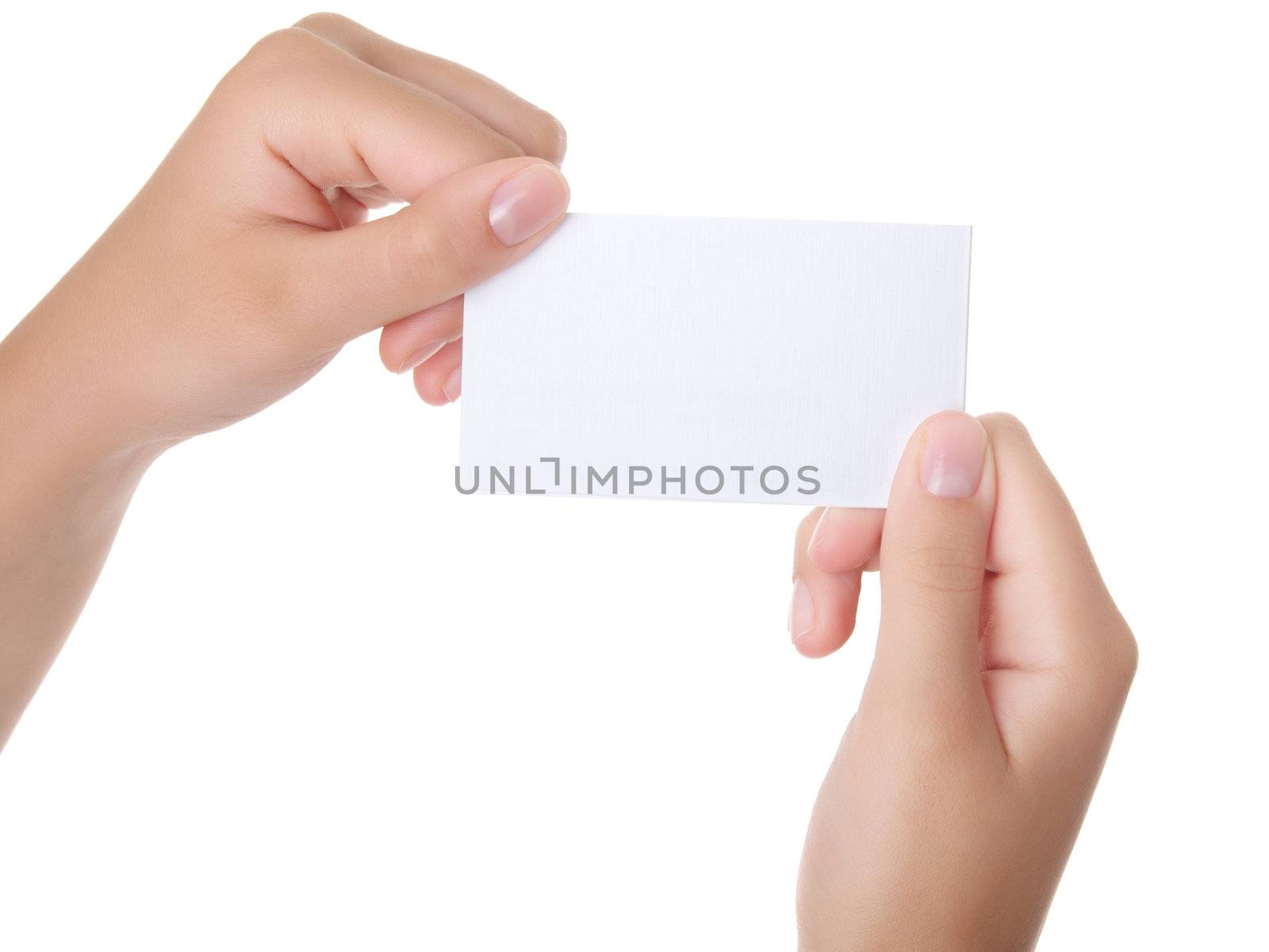 Female hand with a business card by motorolka