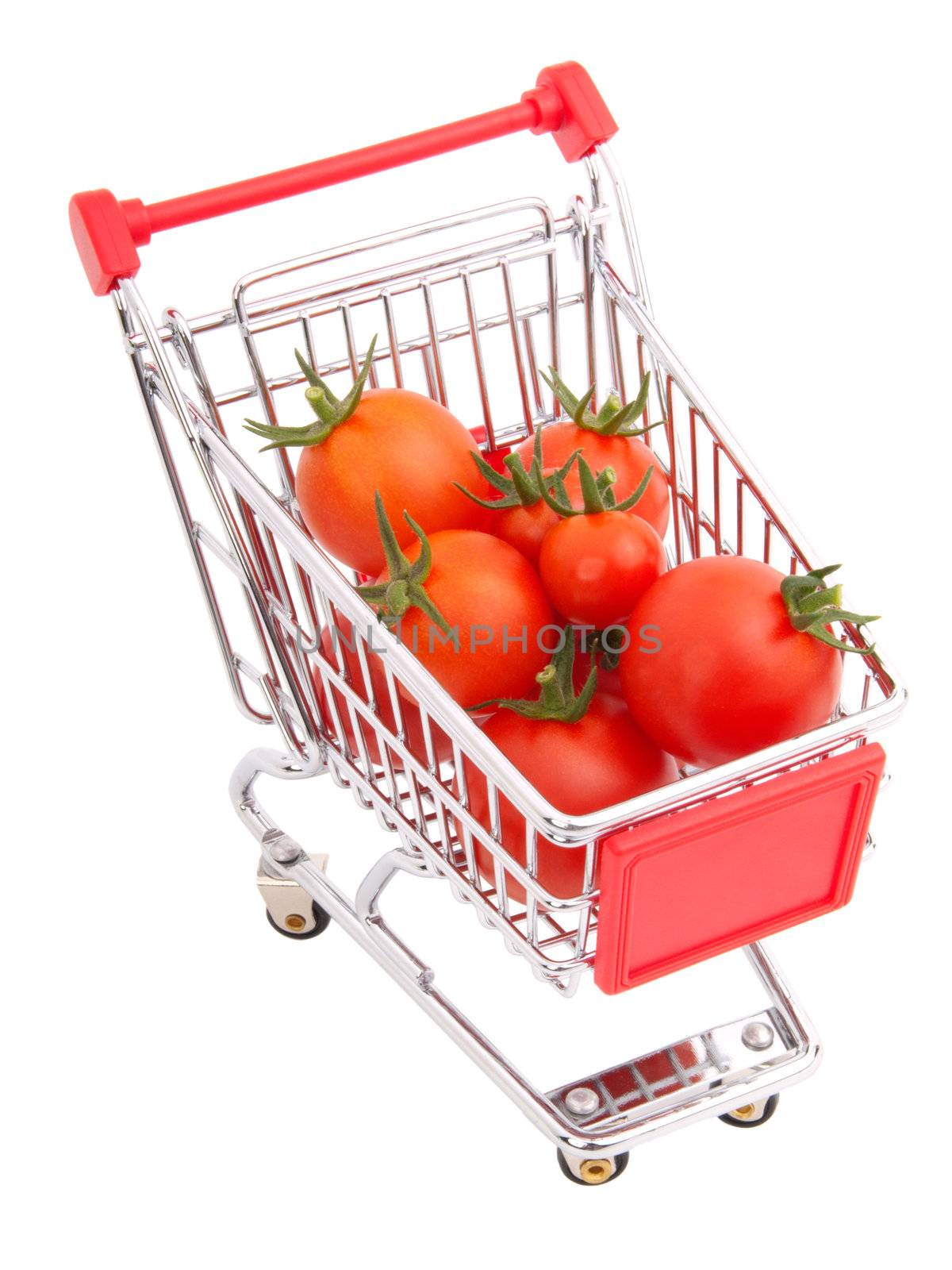 a Shopping cart full of tomatoes on a white background 
