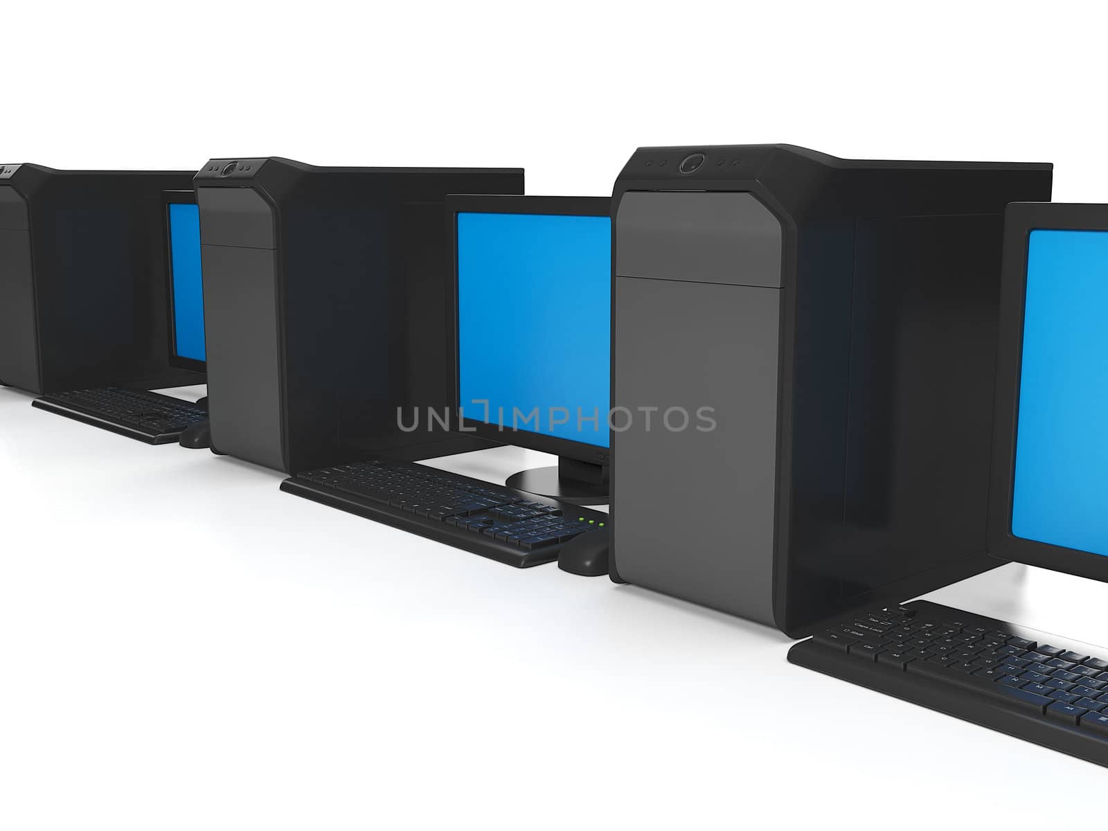 3d illustration of computer technology. a group of computers connected to the Internet