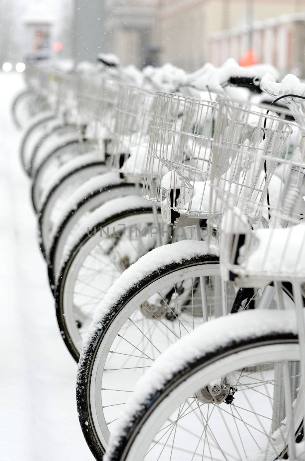 Row of bicycles for rent covered with snow.