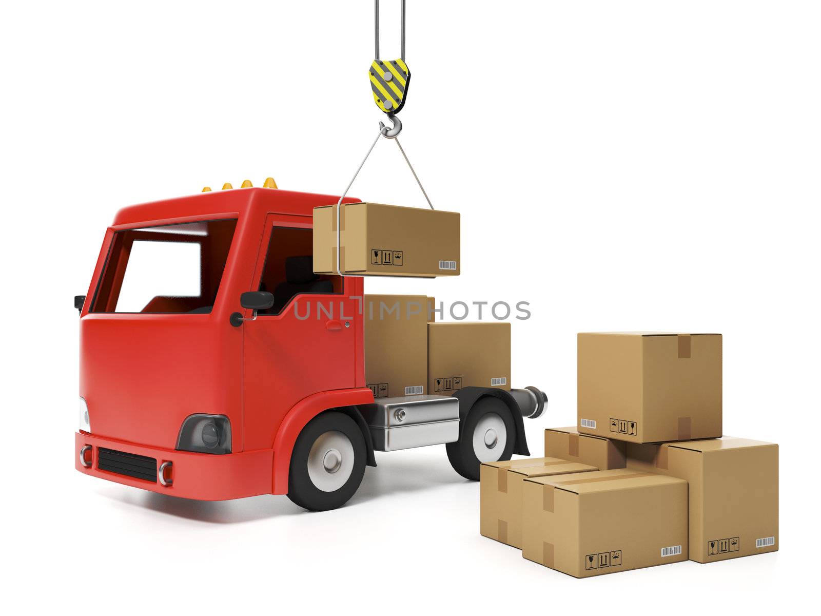 3d illustration: Freight. Group of cardboard boxes and a truck by kolobsek