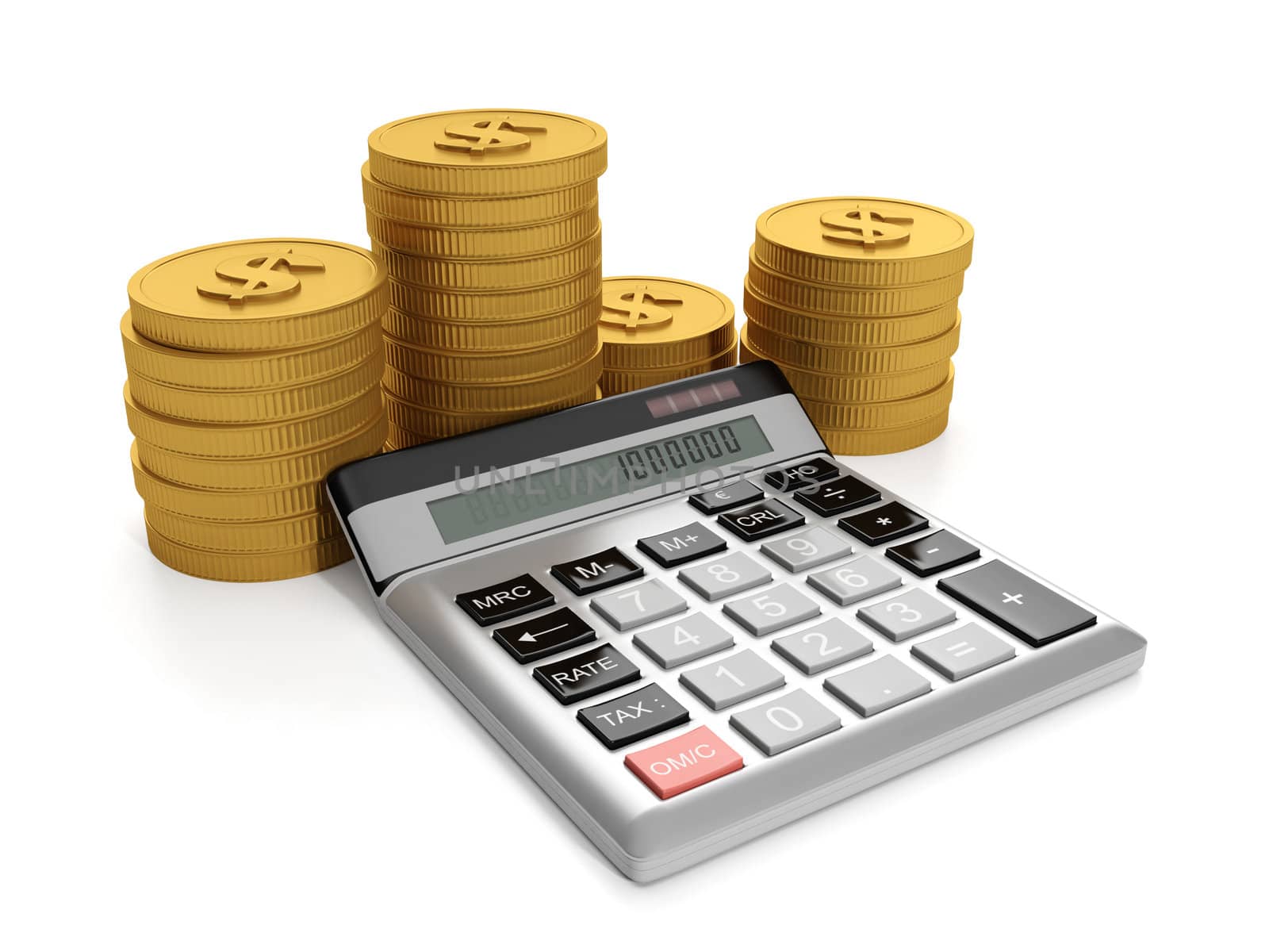 3d illustration, business ideas. Calculator and a group of gold coins