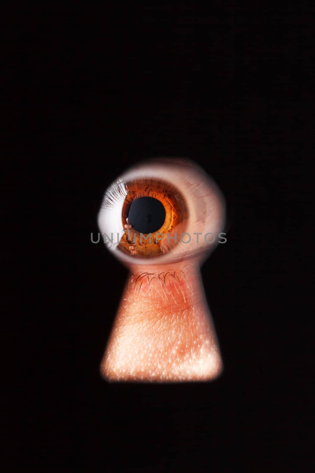 Eye looking through a keyhole
