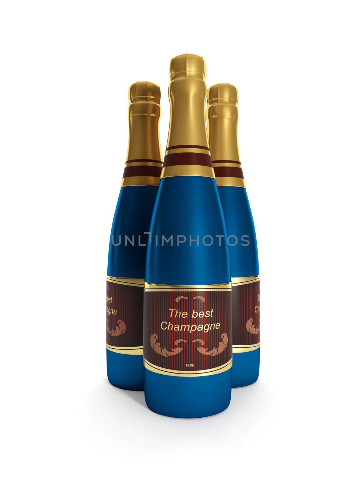 3d Illustration: A group of three bottles of champagne.