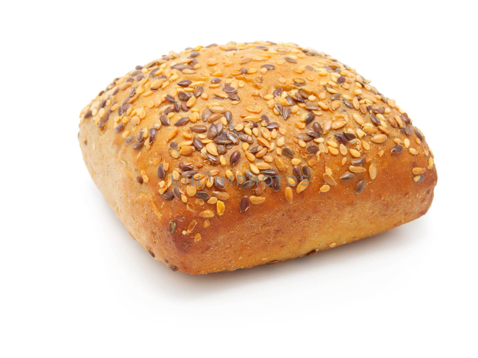 One tasty baked rolls with sesame isolated on a white background 