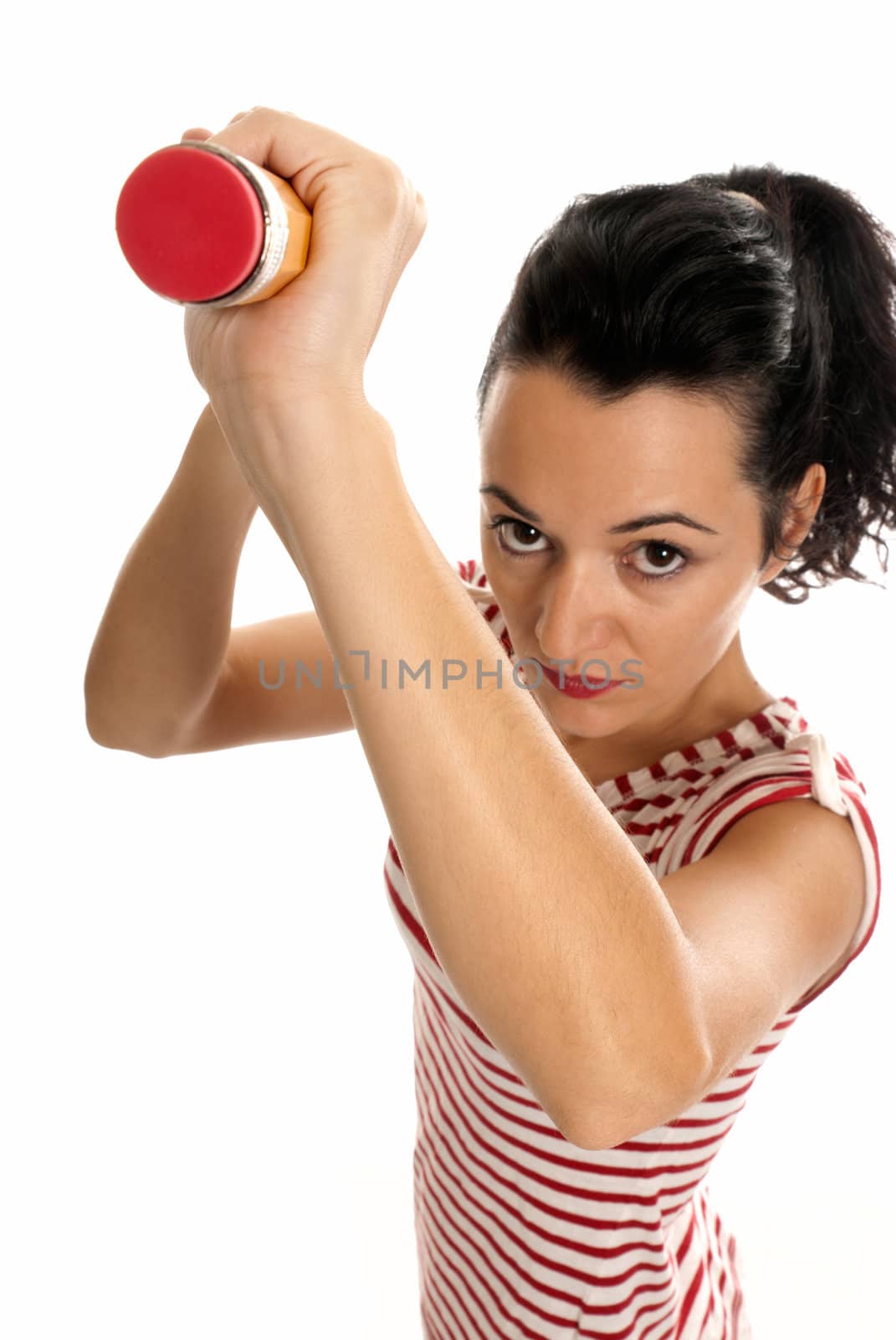 Young woman with big pencil eraser rubber isolated on white background by dgmata