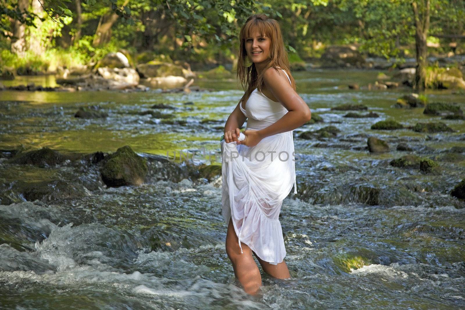 Girls With White Wet Dress Walking Cross The Stream, Cold Water, Eco tourism