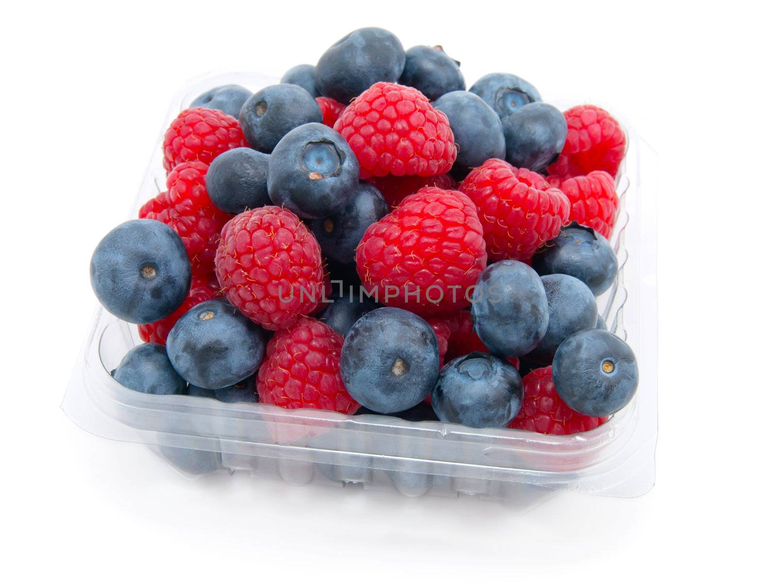 transparent basket with a raspberry and a blueberry on a white background