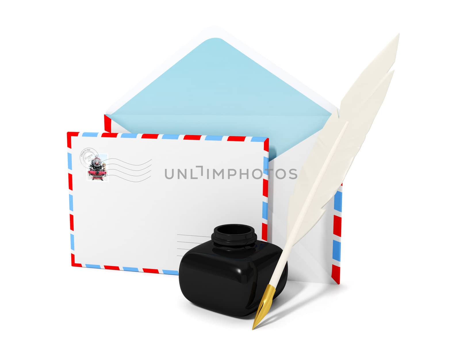 Illustration of a pen with ink and a group of letters. Writing and sending messages