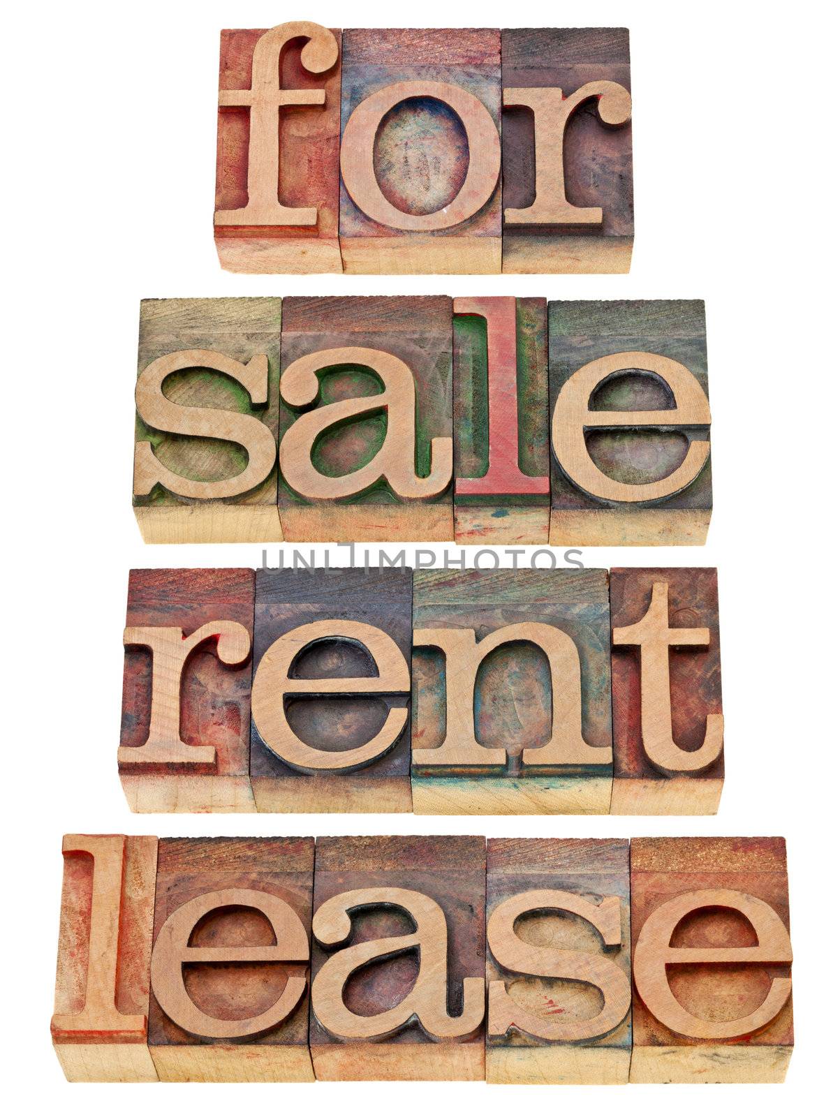 for sale, rent, lease - a collage of isolated words in vintage wood letterpress printing blocks