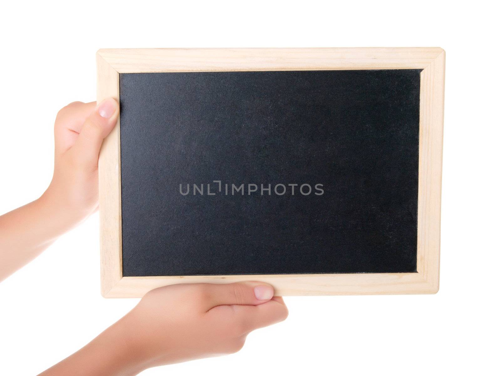 girl Holding Blank Chalkboard Isolated on a White Background.