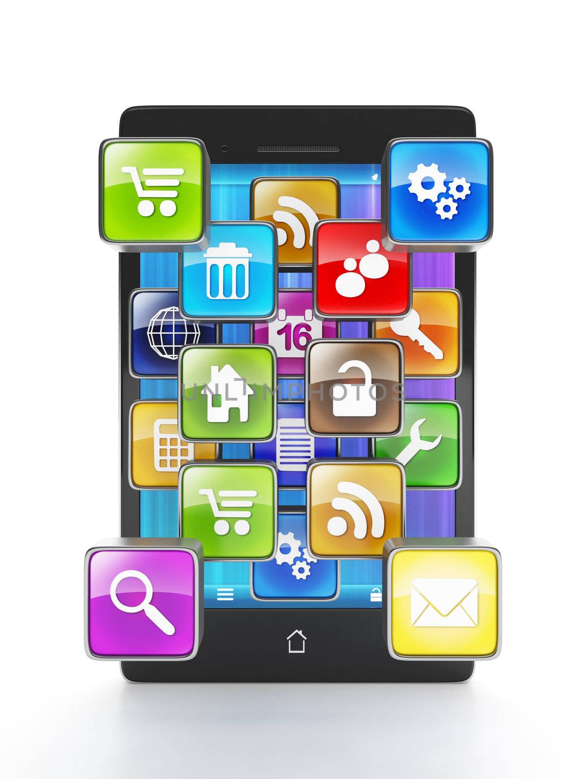 Download apps for your mobile phone. Mobile phone and a group of applications in the form of icons go outside. On a white background