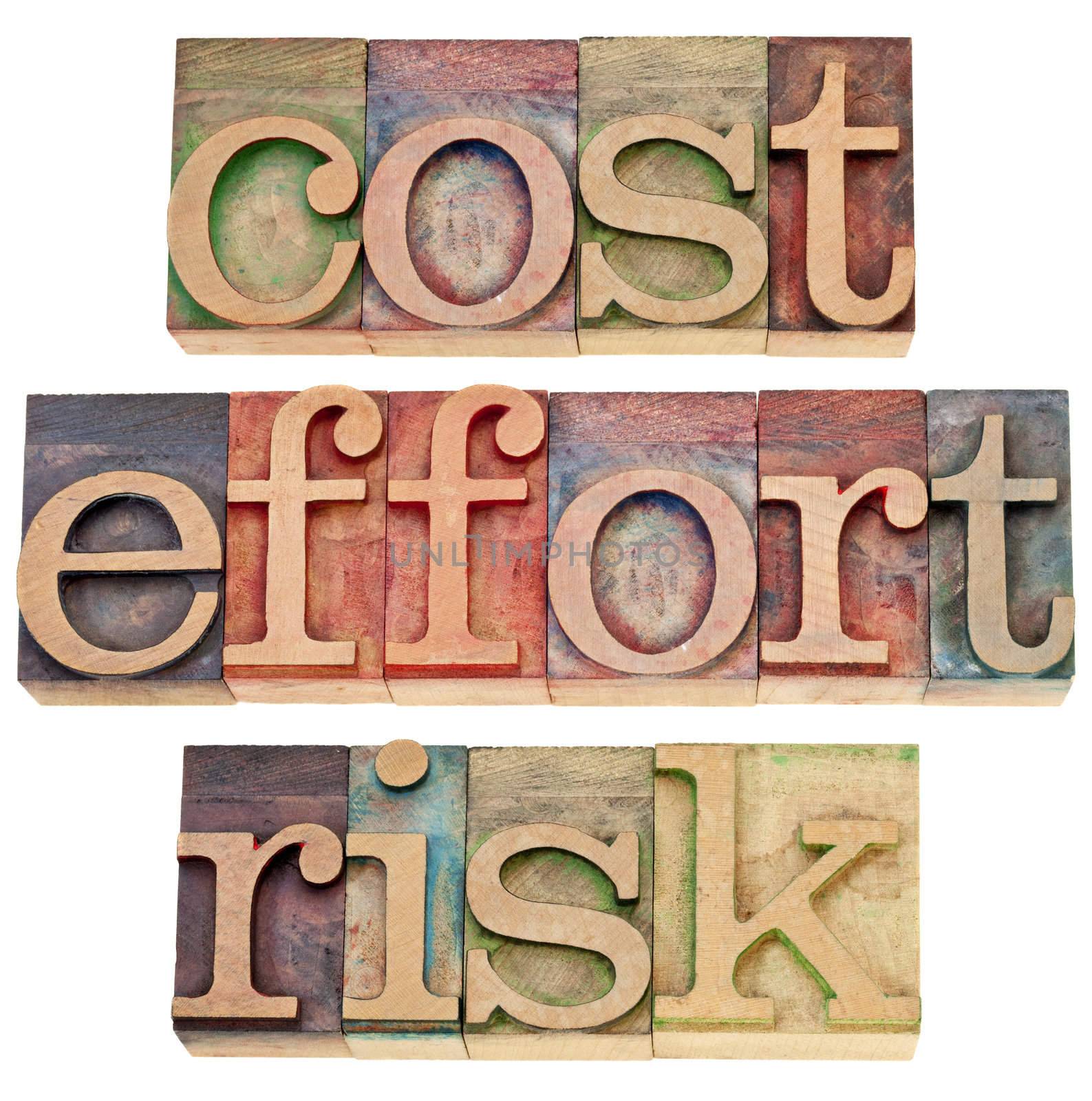 cost, effort, risk - business concept - a collage of three isolated words in vintage wood letterpress printing blocks