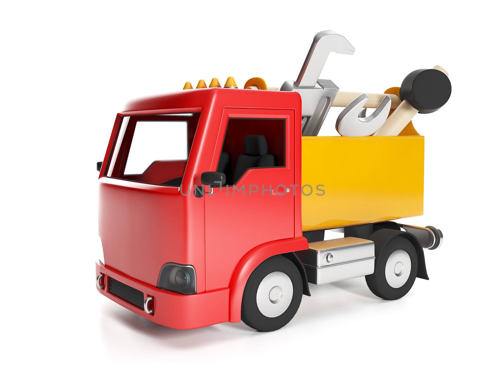 3d illustration: Transport technology. Truck and a box of tools, help to repair