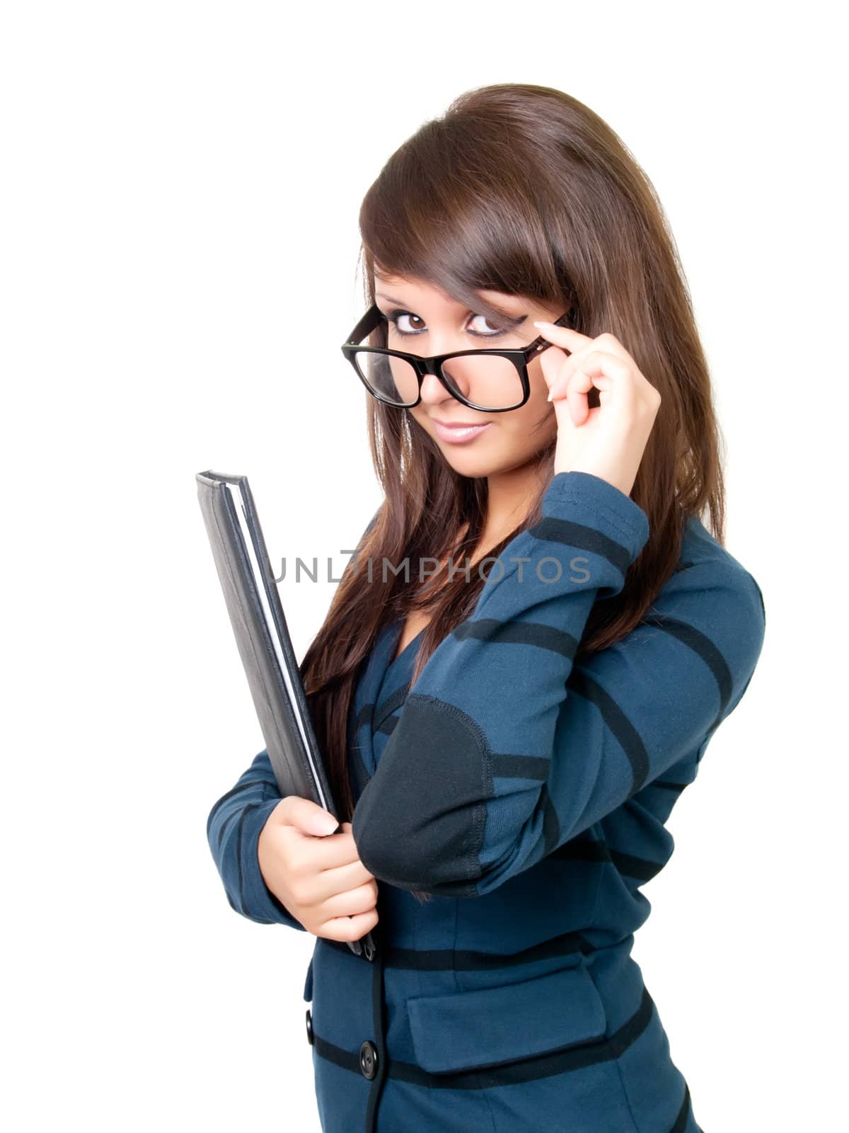 Young beautiful businesswoman wearing glasses. Isolated over white. 