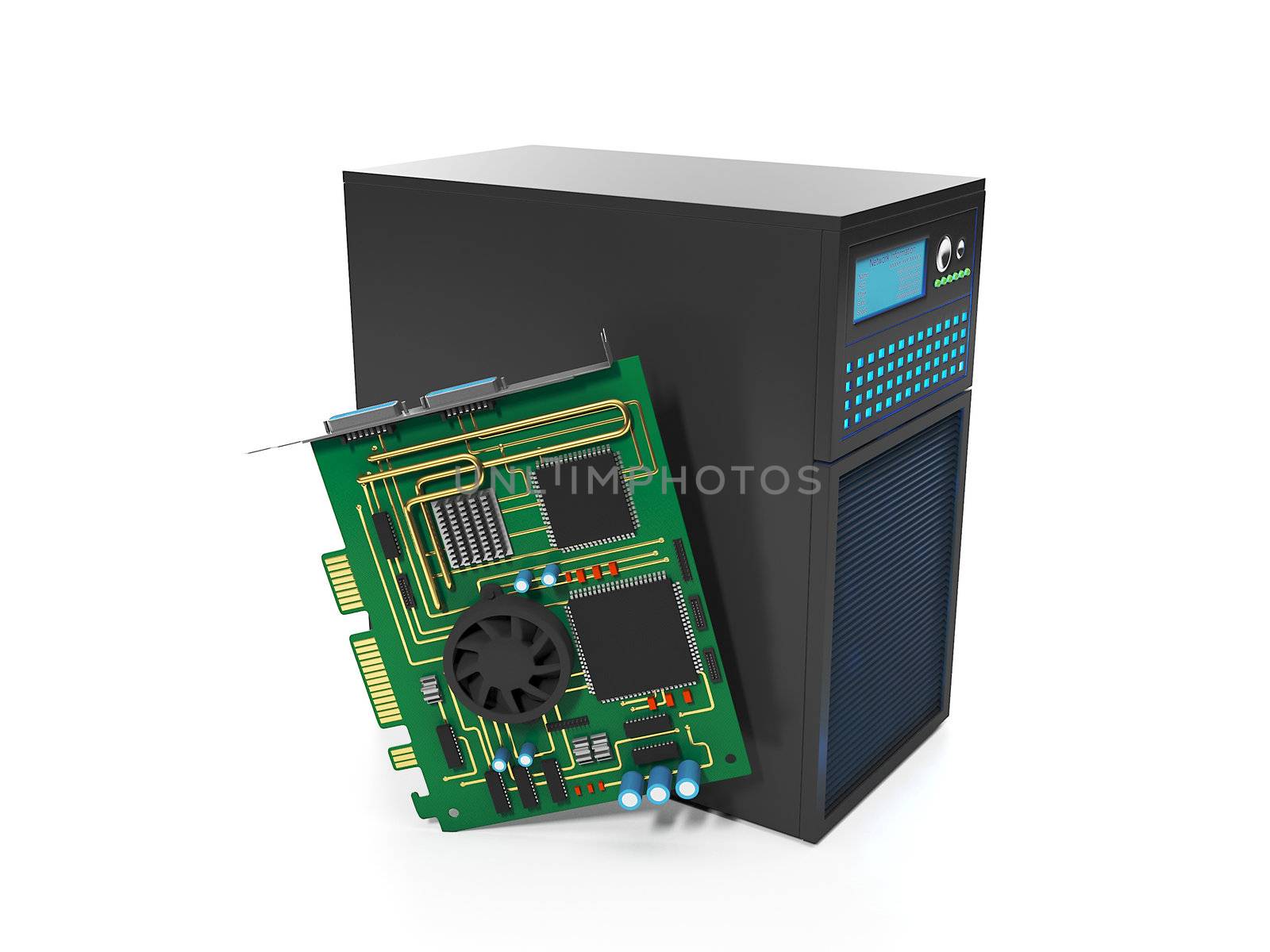 3d illustration of computer technologies. Station and server chips, server repair station