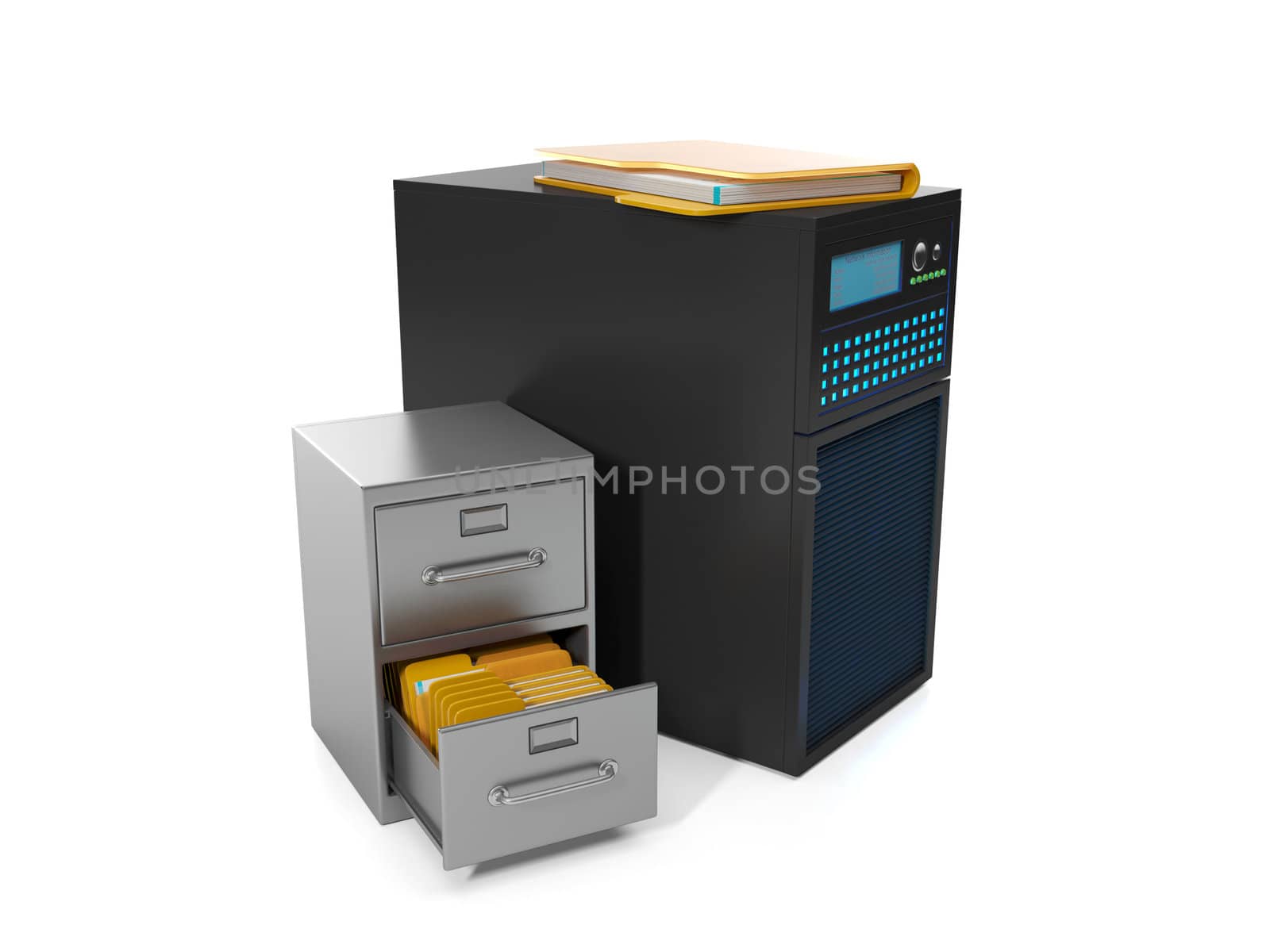 3d illustration: Electronic Technology. Server station and a box of documents.