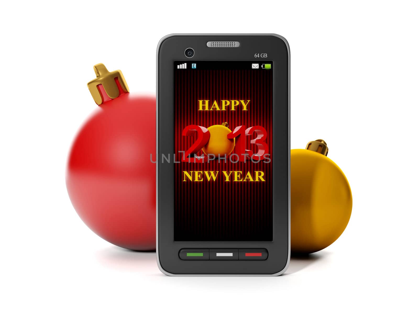 3d illustration: Mobile technology. Happy New Year on a mobile p by kolobsek