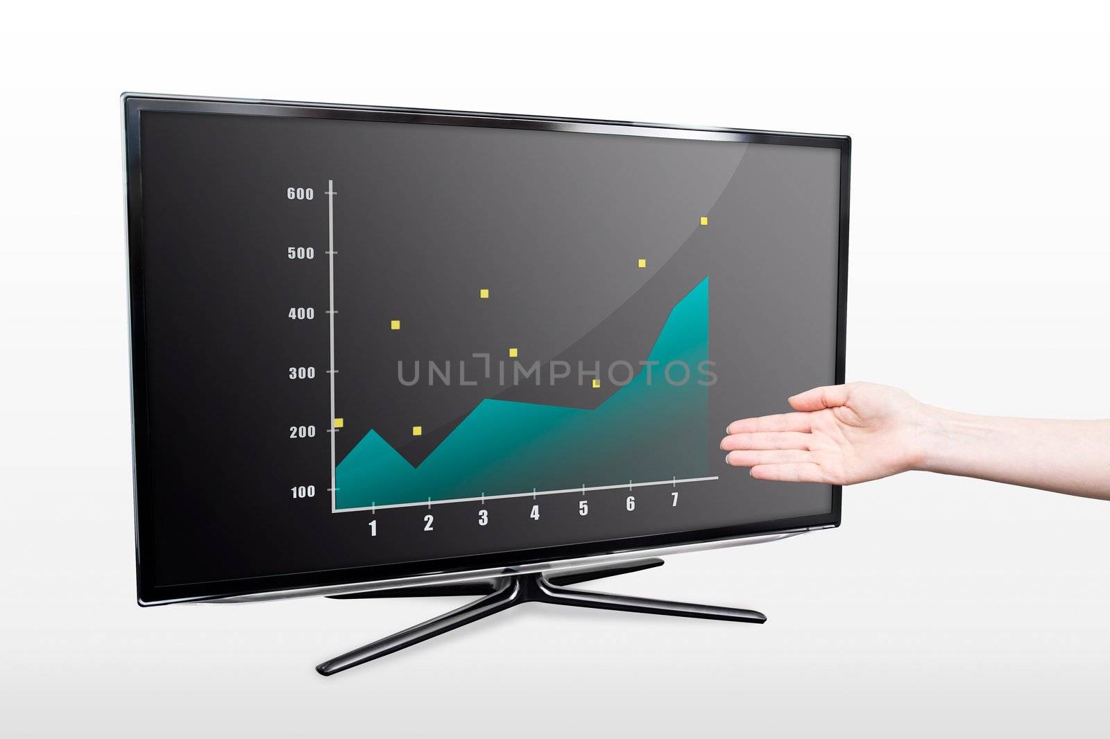 Business success growth chart. Hand showing modern TV screen by simpson33