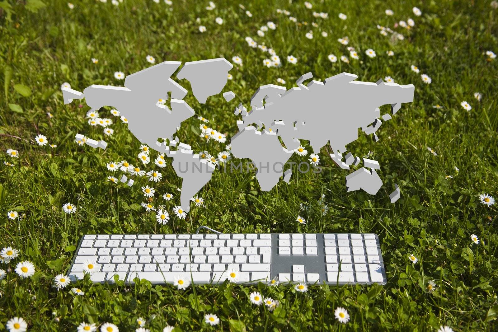 and modern keyboard on green grass in garden
