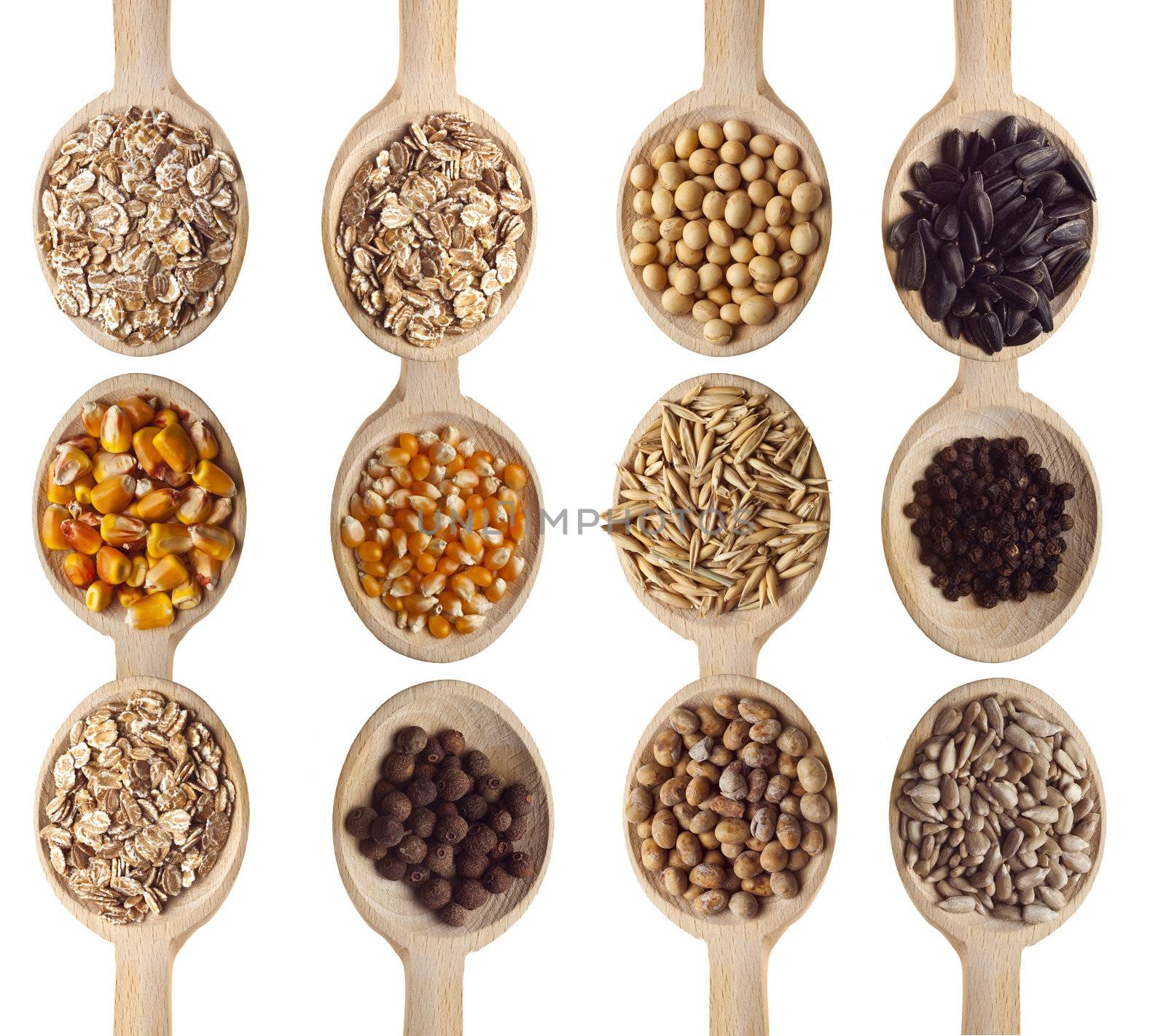 Different type of seeds on wooden spoon