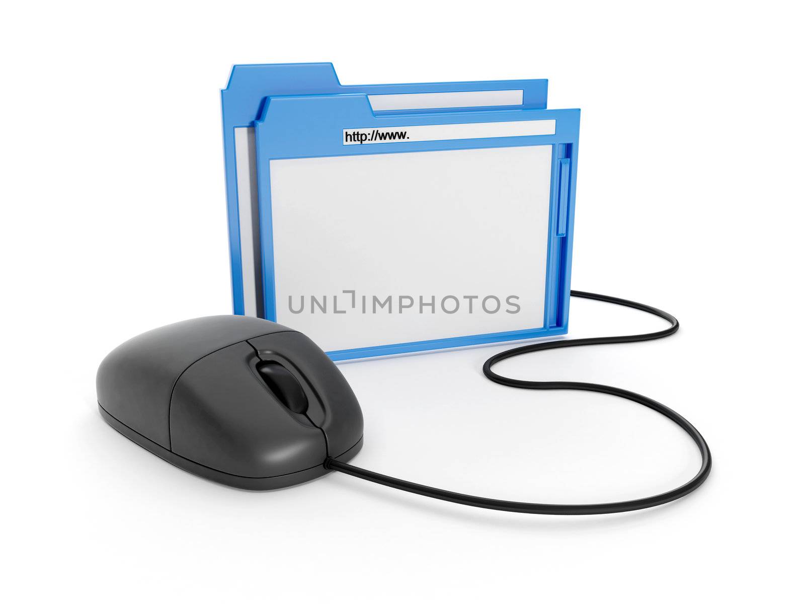 3d illustration: Browser window and the computer mouse on white background