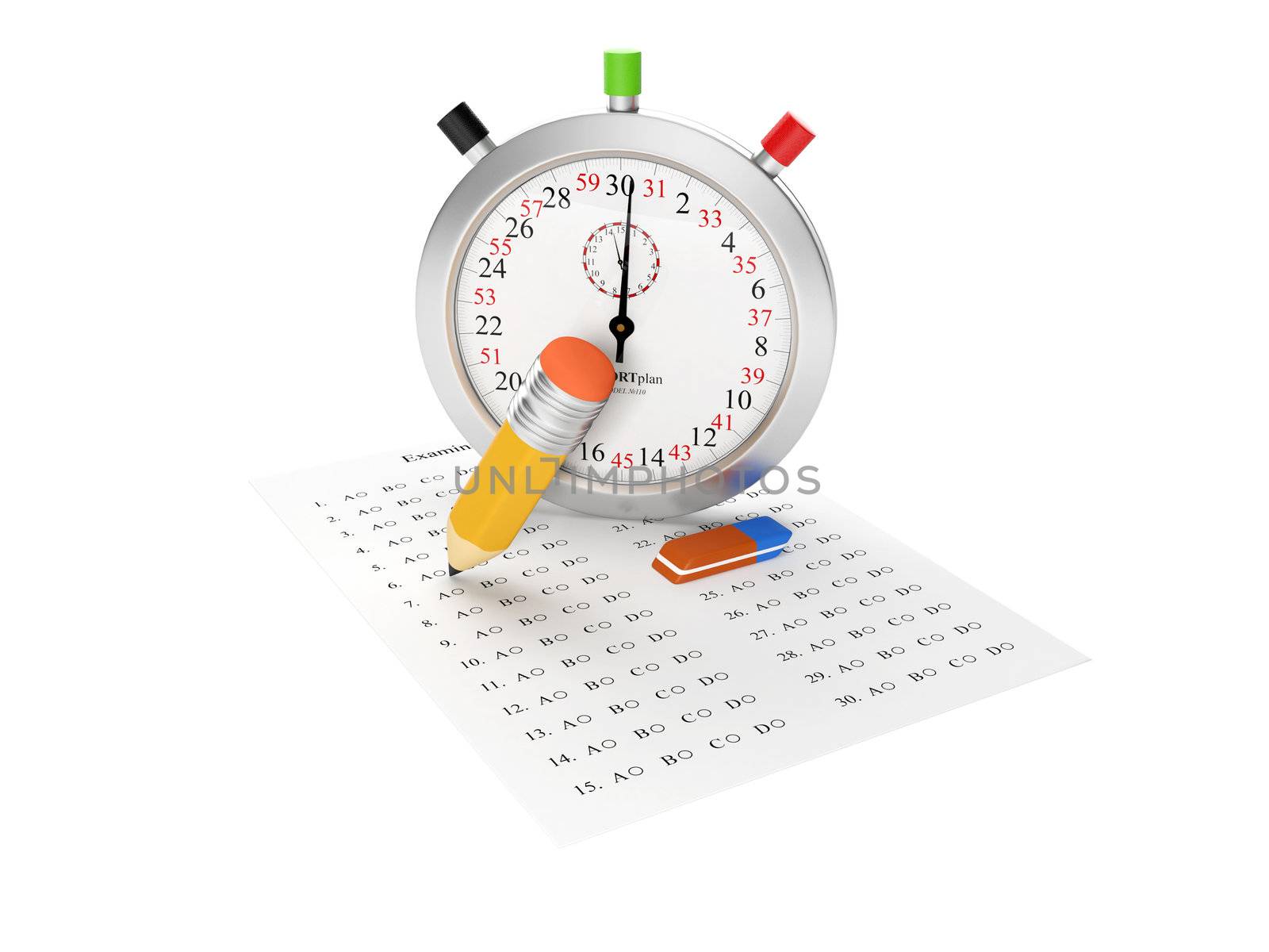 3d Illustration: Stopwatch and examination sheet. Passing the ex by kolobsek