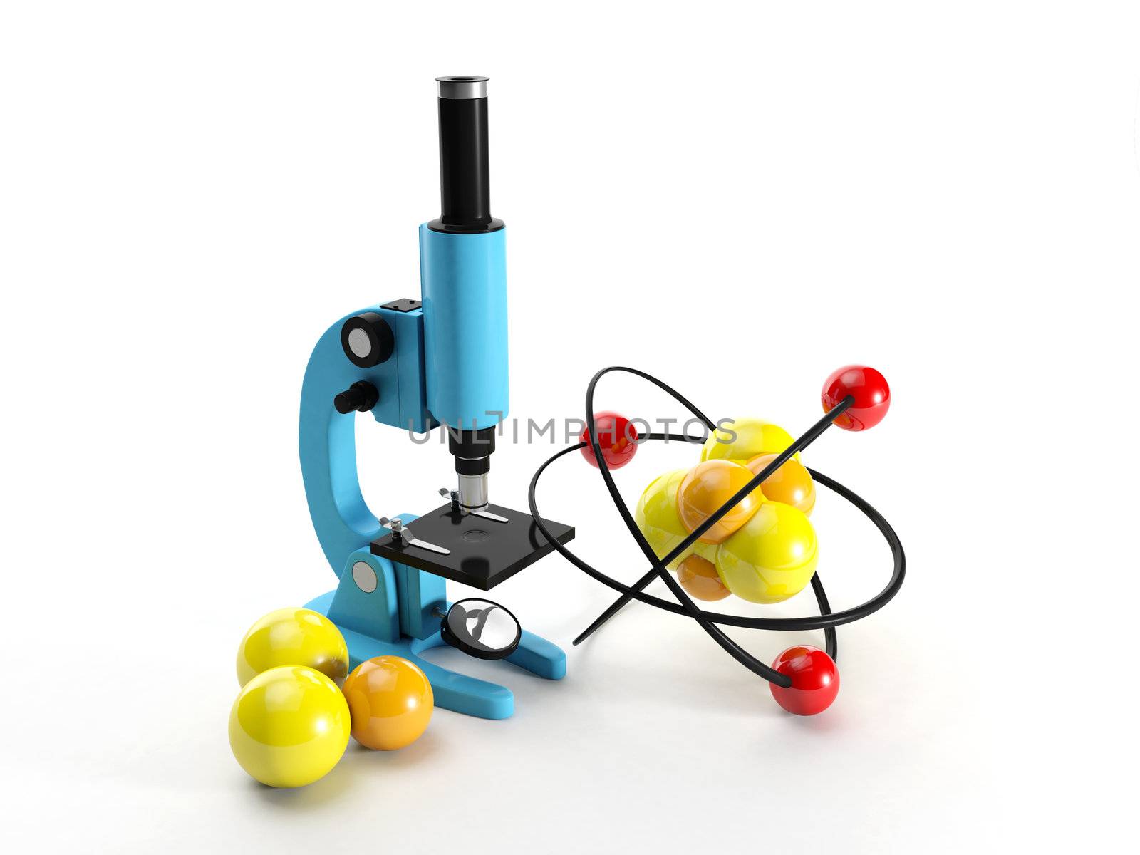 3d illustration: Microscope and nuclear lattice. Research discovery