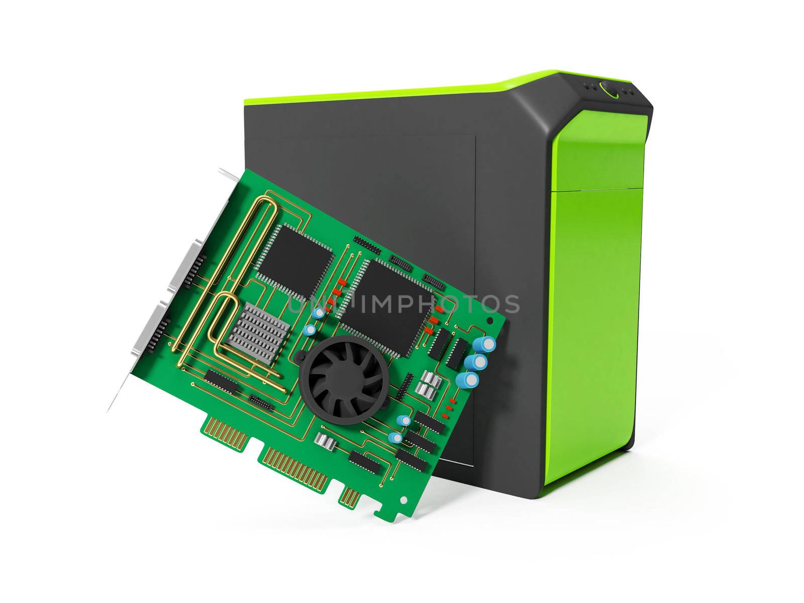 3d illustration: System unit and a chip on a white background