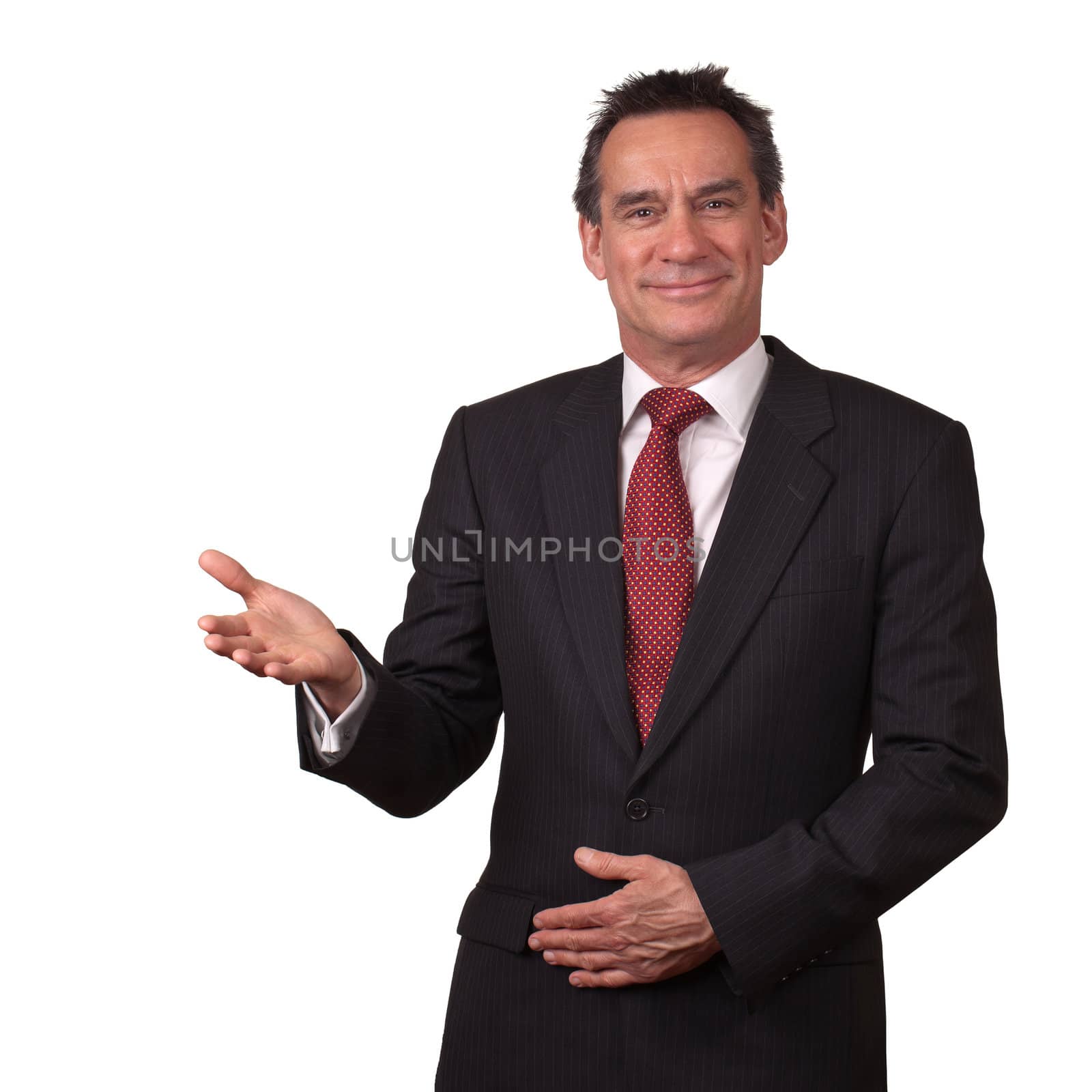 Attractive Smiling Middle Age Business Man in Suit Gesturing Welcome Isolated