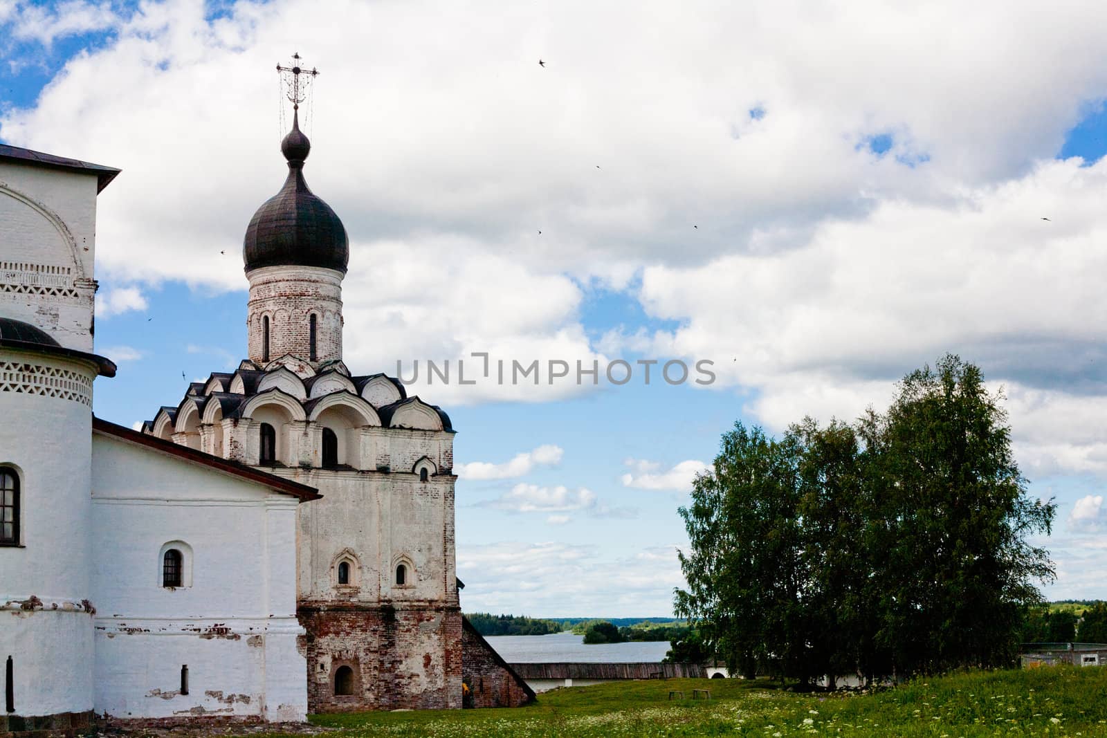 White orthodox church in Ferapontov monastery in summer day
