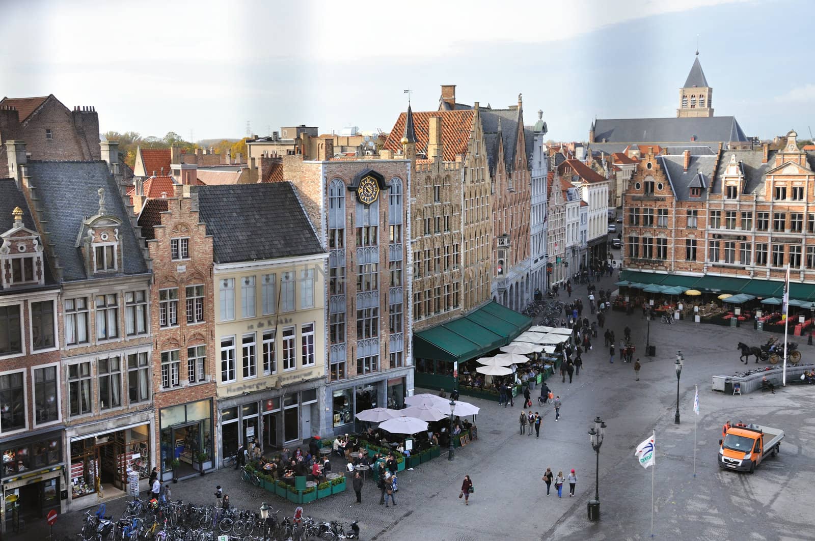 Birds eye view of the main square Brugge (Belgium), taken from the city tower.